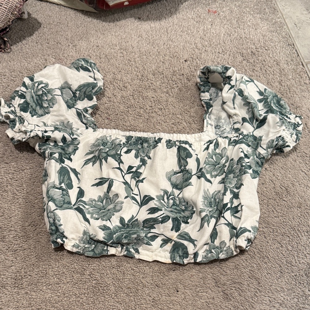 Abercrombie & Fitch Floral Puff Sleeve Top - Green and White, small